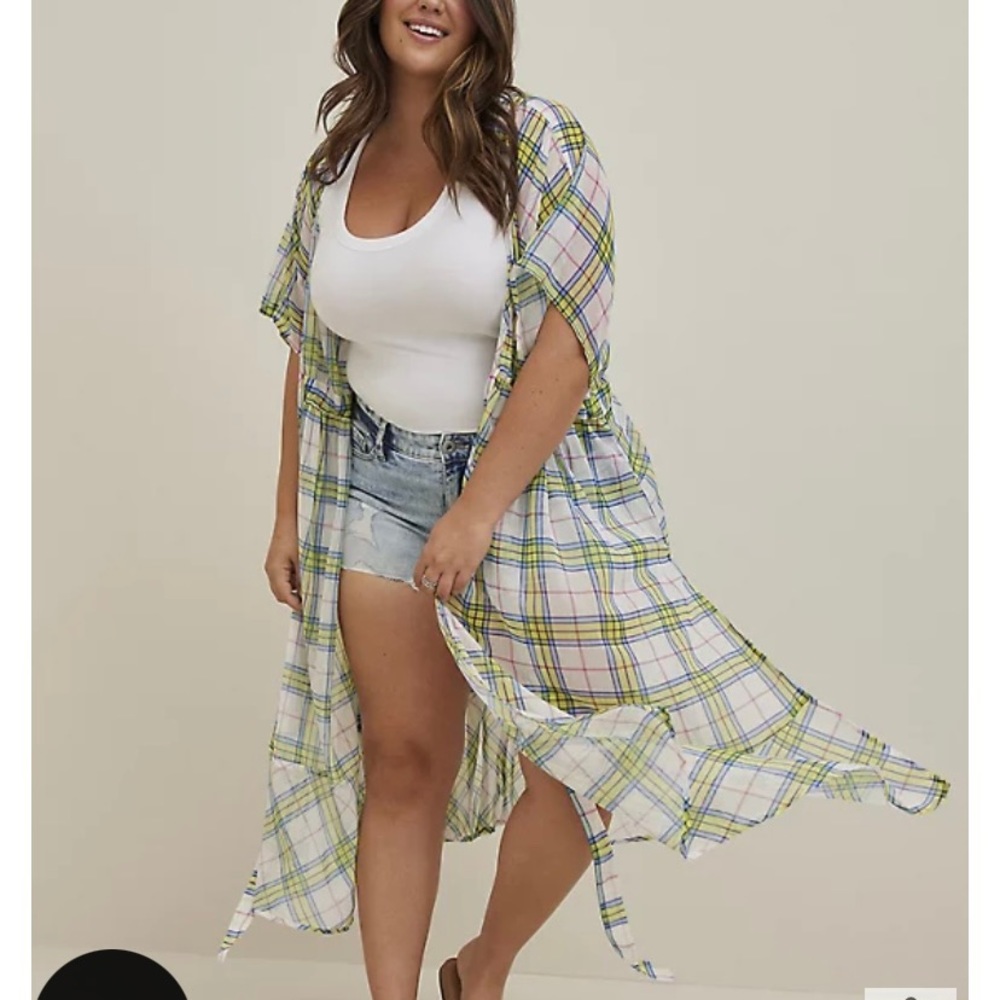 NWOT -CINCH WAIST KIMONO - CHIFFON PLAID BLUE